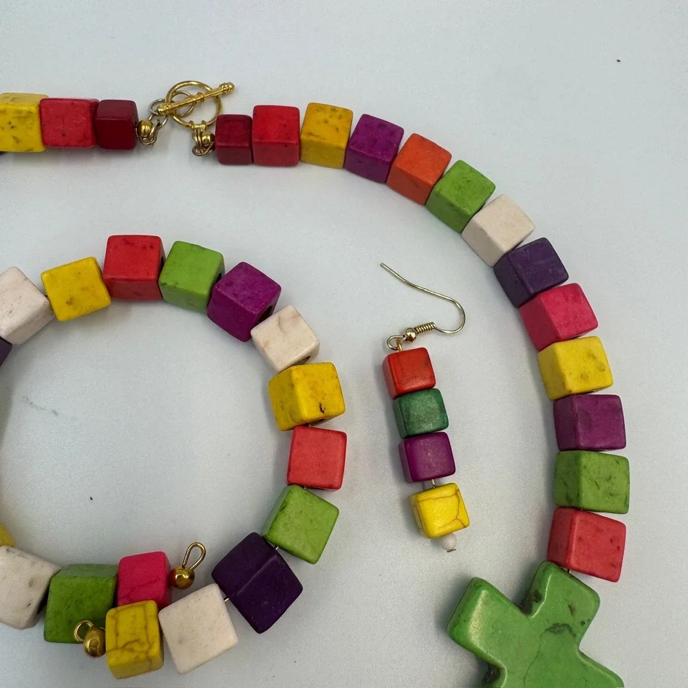 Multicolor Stone Cube Cross‎ Jewelry Set Necklace Bracelet Earrings Boho Rainbow